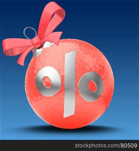 3d illustration of red Christmas ball over blue background with percent sign and red ribbon