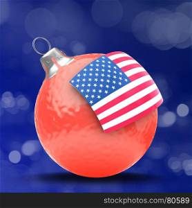 3d illustration of red Christmas ball over bokeh blue background with USA flag