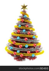 3d illustration of red Christmas tree over white with red balls and frippery. 3d tinsel orange