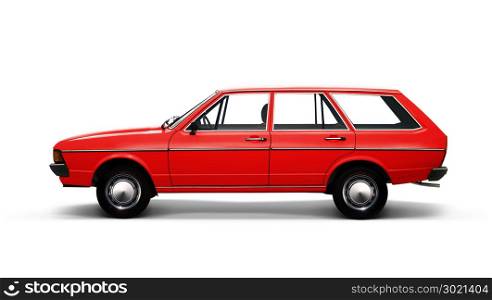 3D illustration of red retro car isolated on white background with path