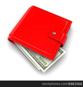 3d illustration of red wallet with 100 dollars banknote