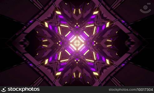 3D illustration of rhombus shaped pattern with symmetric neon illumination glowing in dark tunnel as abstract background. 3D illustration of purple and yellow symmetric ornament in darkness