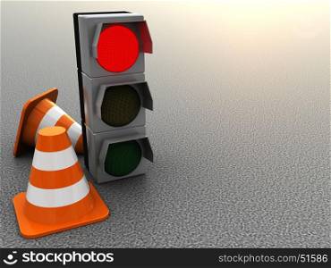 3d illustration of road cones and traffic light over asphalt background