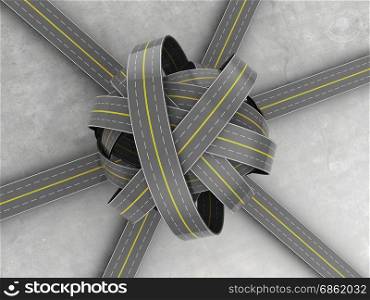 3d illustration of roads knot over concrete background