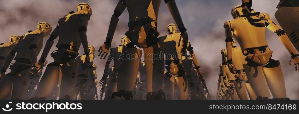 3d illustration of robot army workers