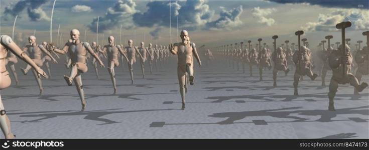 3d illustration of robot army workers