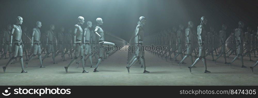 3d illustration of robot army workers