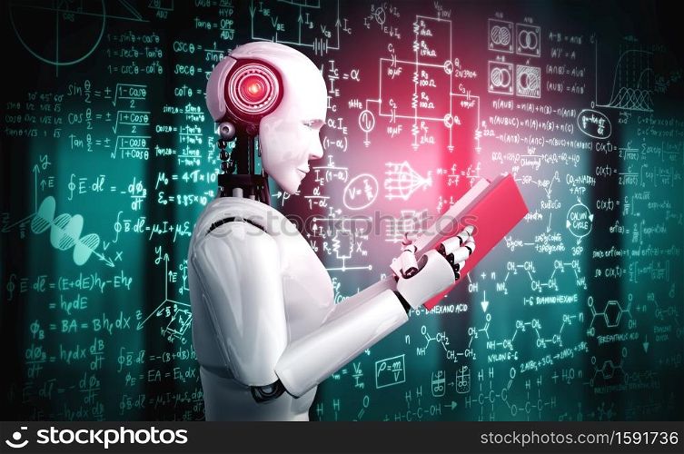 3D illustration of robot humanoid reading book and solving math data analytics in concept of future mathematics artificial intelligence, data mining and 4th fourth industrial automation revolution .