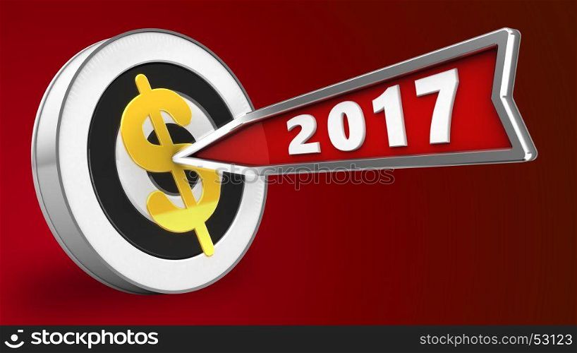 3d illustration of round target with 2017 year arrow and dollar sign over red background