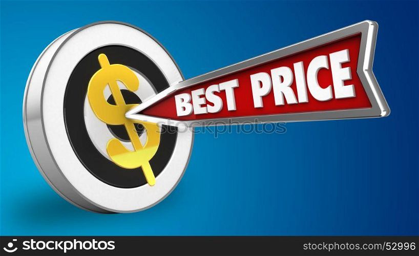 3d illustration of round target with best price arrow and dollar sign over blue background