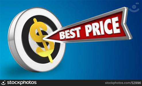 3d illustration of round target with best price arrow and dollar sign over blue background