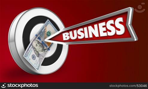 3d illustration of round target with business arrow and 100 dollars over red background