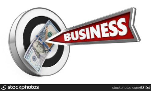 3d illustration of round target with business arrow and 100 dollars over white background