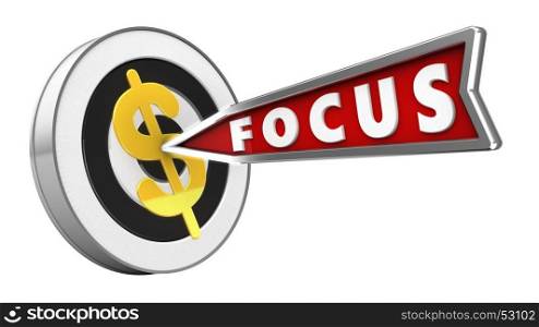 3d illustration of round target with focus arrow and dollar sign over white background
