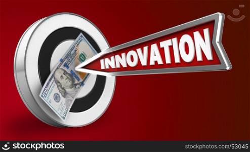 3d illustration of round target with innovation arrow and 100 dollars over red background