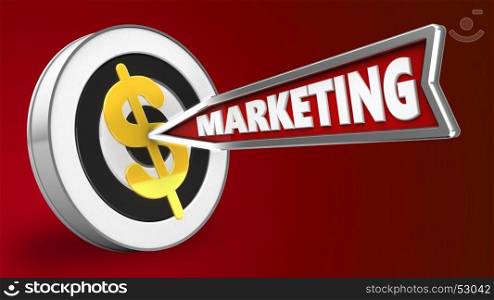 3d illustration of round target with marketing arrow and dollar sign over red background