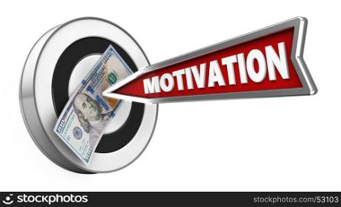 3d illustration of round target with motivation arrow and 100 dollars over white background