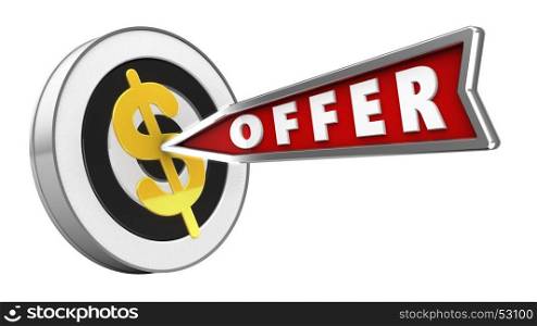 3d illustration of round target with offer arrow and dollar sign over white background