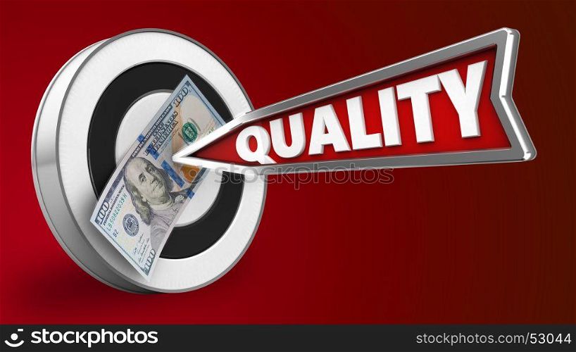 3d illustration of round target with quality arrow and 100 dollars over red background