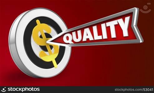 3d illustration of round target with quality arrow and dollar sign over red background