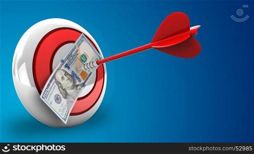 3d illustration of round target with red dart and 100 dollars over blue background
