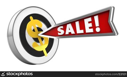 3d illustration of round target with sale arrow and dollar sign over white background