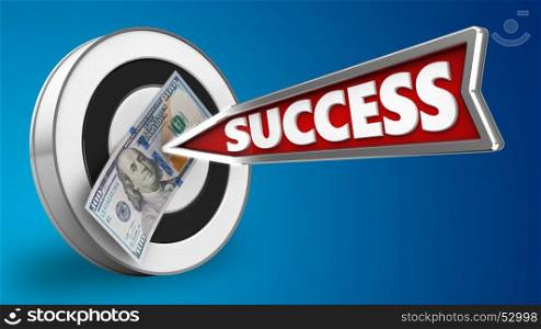 3d illustration of round target with success arrow and 100 dollars over blue background