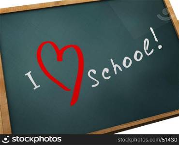 3d illustration of 'I love school' sign at chalkboard