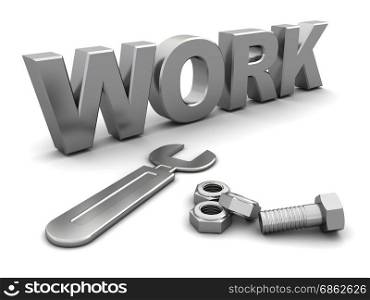3d illustration of &rsquo;work&rsquo; text icon with wrench and nuts