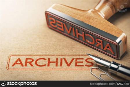 3D illustration of rubber stamp with the text archives printed on paper background. Concept of historical records. Archives, Archived Documents