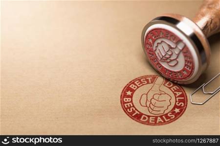 3D illustration of rubber stamp with the text best deal printed on kraft paper. Sales advertising background. Best Deals Stamp, Sales Advertising Background