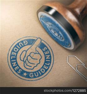 3D illustration of rubber stamp with the text guideline over brown cardboard background. Concept of good use and practices.. Guidelines or User Instructions