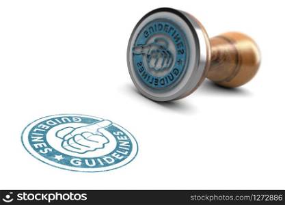 3D illustration of rubber stamp with the text guideline over white background. Concept of good use and practices.. User Guidelines