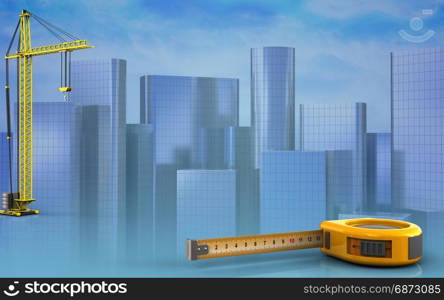 3d illustration of ruler with crane over skyscrappers background. 3d with crane