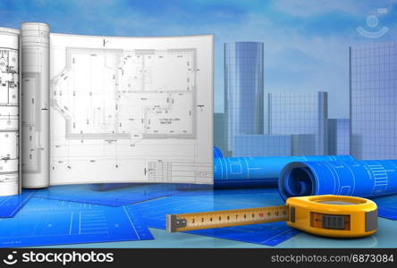 3d illustration of ruler with drawings over skyscrappers background. 3d with drawings