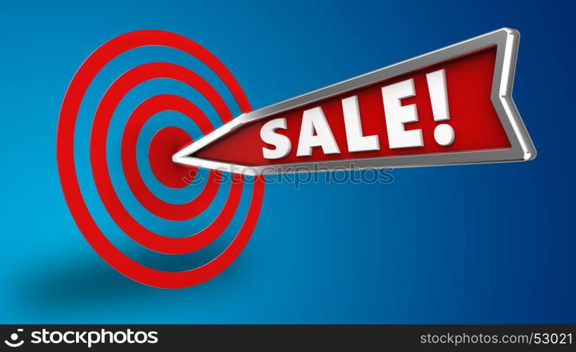 3d illustration of sale arrow with circles target over blue background