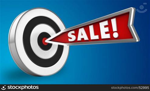 3d illustration of sale arrow with round target over blue background