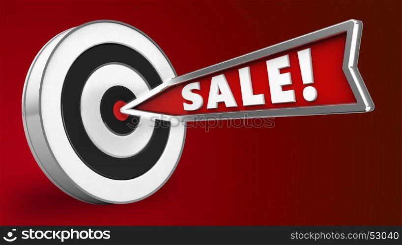 3d illustration of sale arrow with round target over red background
