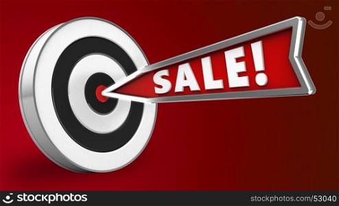 3d illustration of sale arrow with round target over red background