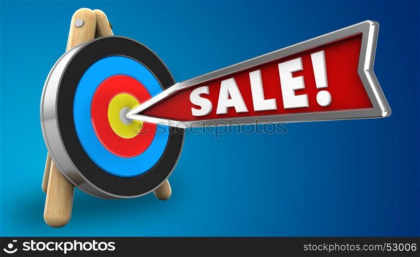3d illustration of sale arrow with target stand over blue background