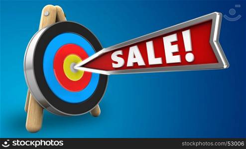 3d illustration of sale arrow with target stand over blue background