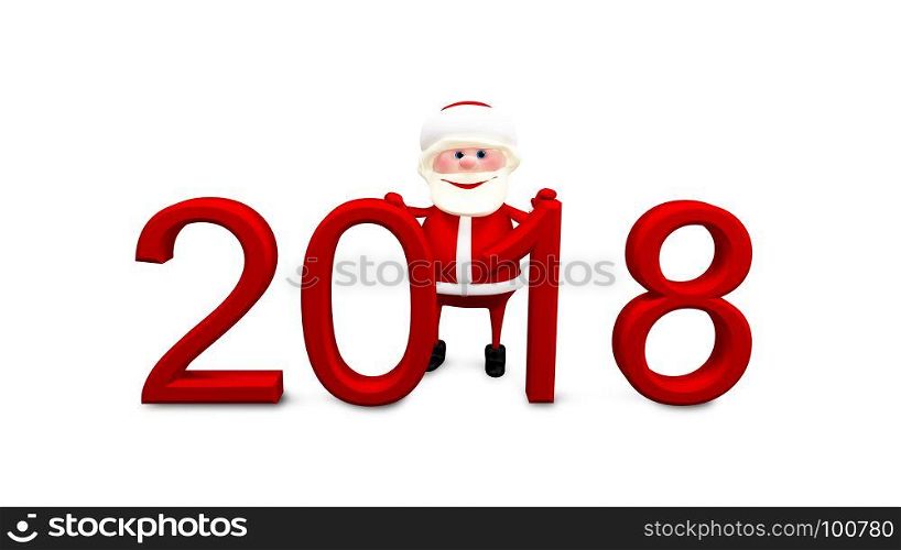 3D Illustration of Santa and Red Inscription 2018 on White Background