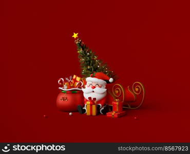 3d illustration of Santa Claus with sleigh and gift bag on red background
