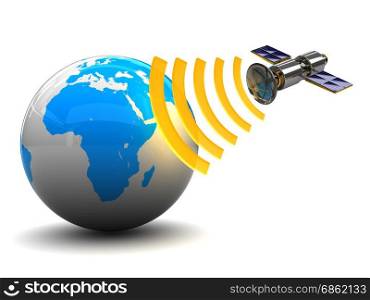 3d illustration of satellite and earth globe, over white background