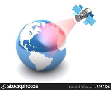3d illustration of satellite broadcasting and earth globe, over white background