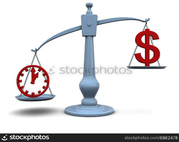 3d illustration of scale with clock and dollars symbols, over white background