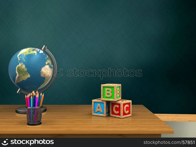3d illustration of schoolboard with abc cubest and globe. 3d pencils