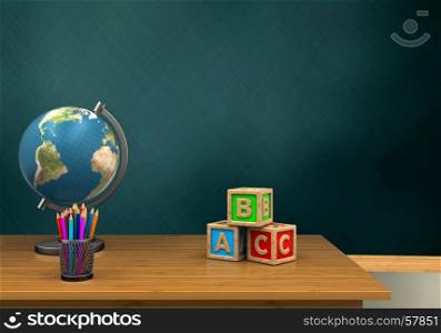 3d illustration of schoolboard with abc cubest and globe. 3d pencils