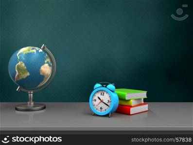 3d illustration of schoolboard with alarm clockt and globe. 3d schoolboard