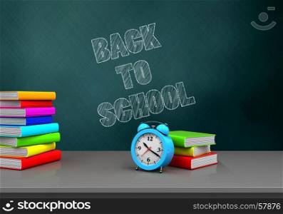 3d illustration of schoolboard with back to school text and alarm clock. 3d back to school